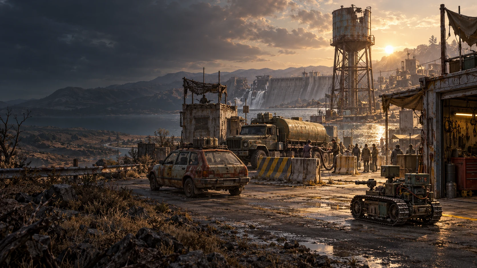 Scavenger workshop beside a water convoy
